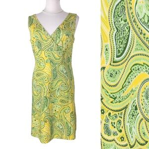 Spense Paisley Yellow and Green Cotton Surplice V-Neck Sleeveless Midi Dress 12